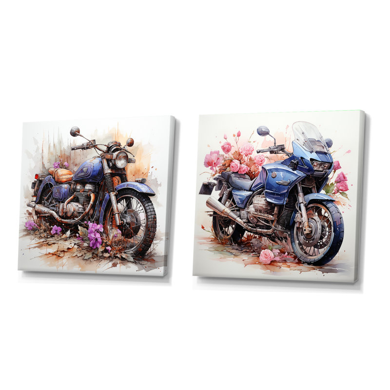 Aquarelle, chemin de fleurs de motocyclettes - ensemble de 2 collages carrés de motocyclettes, Toile tendue