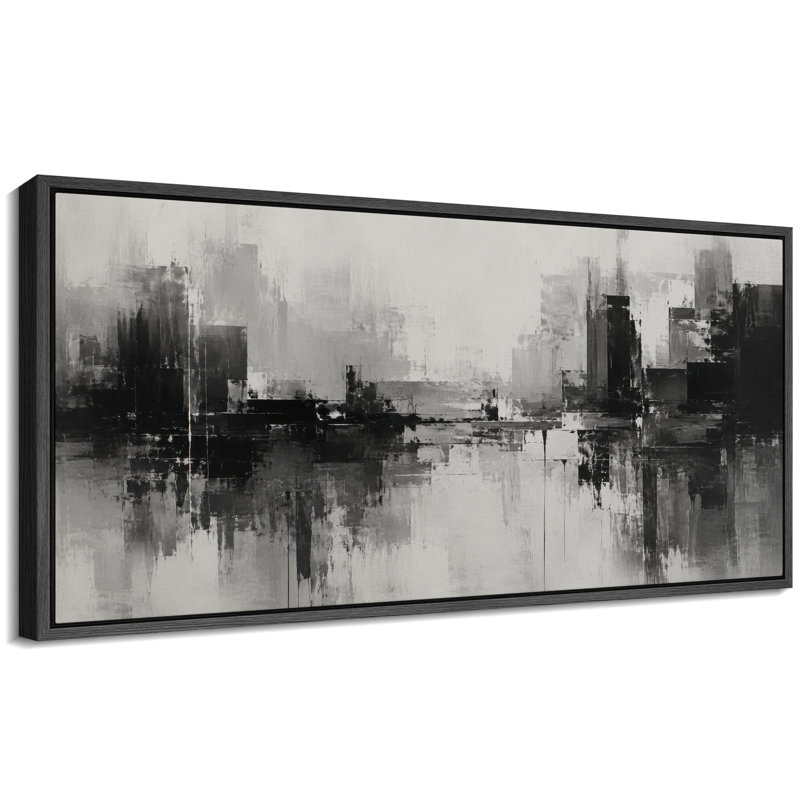 «Black White Urban Skyline Abstract», reproduction d'art sur toile encadrée, H 30 po x l 60 po x P 1,5 po, Noir