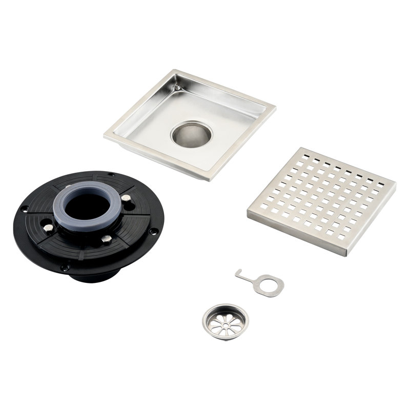 6 Inch Square Shower Floor Drain, Anti-Rust Surface Treatment Easy Removable Grate
