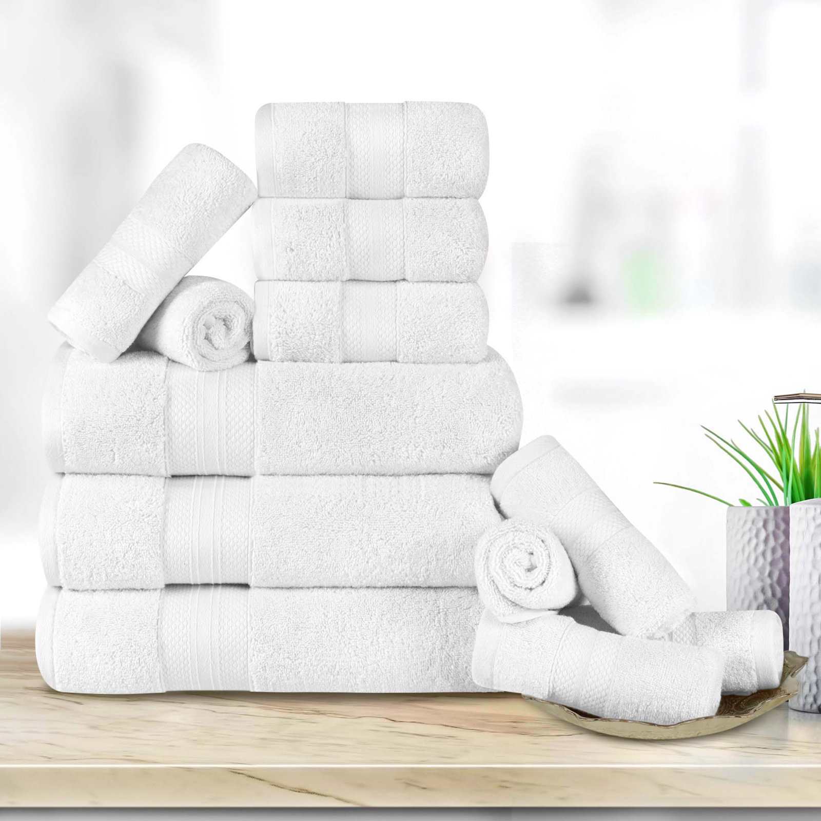 Finnian Ultra-Plush Heavyweight, 100% Turkish Towel Collection, White, 12 Piece Towel Set