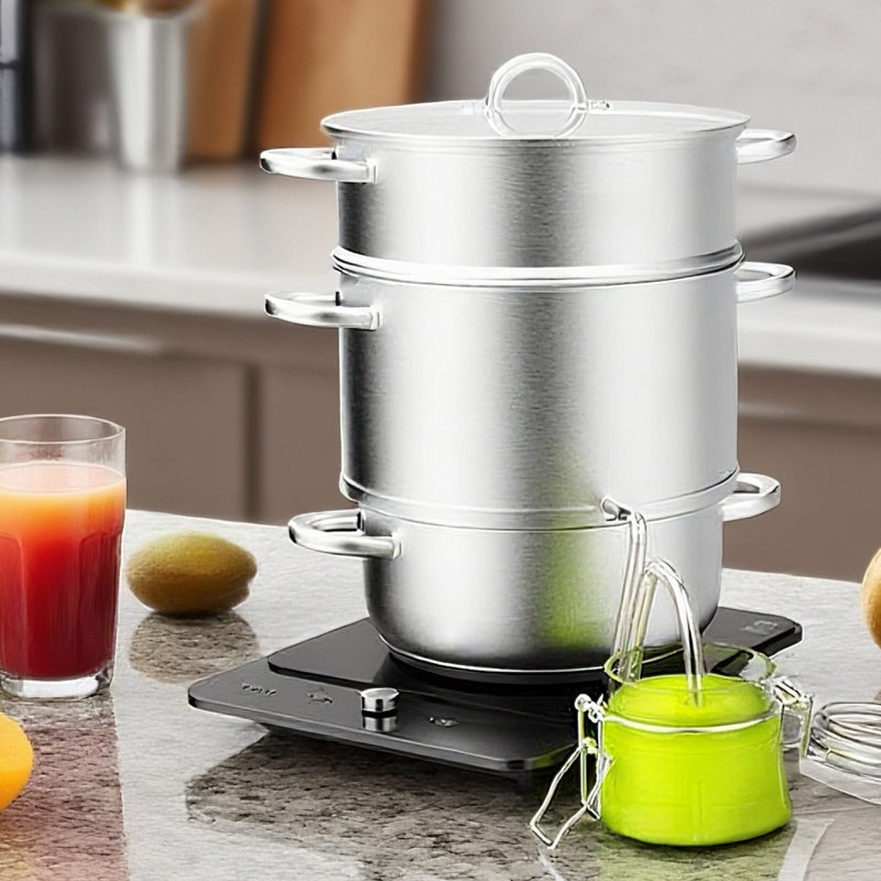 Pot à jus en acier inoxydable à 3 niveaux avec couvercle et poignée en verre, 8,5 pintes