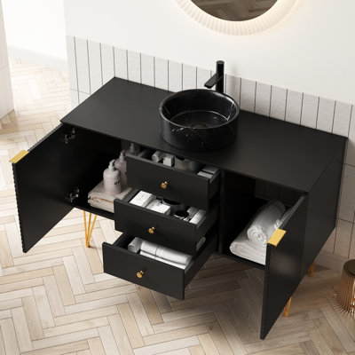 47.62 - Inch Depth Freestanding Bathroom Vanity With Matte Pure Black Striped Texture Rectangular Ceramic Basin, Gold Legs, 3 Drawer And 2 Door Storage, Sintered Stone Surface, Pre Assembled For Fast