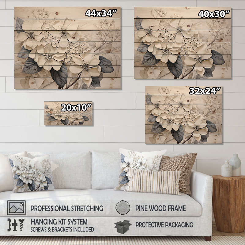 Grey Minimalism Hydrangea Delight I - Hydrangea Wood Wall Art On Natural Pine Wood, 10" H x 20" W