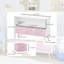 Bibliothèque pour enfants de 35 pouces de largeur avec 3 tiroirs en tissu rose, rangement pour jouets bas et pieds en bois massif pour salle de jeux, blanc et rose-27342801