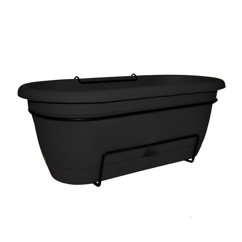 Lucca Self-Watering Plastic Indoor/Outdoor Oval Balcony Box Planter with Metal Hanging Bracket, Black