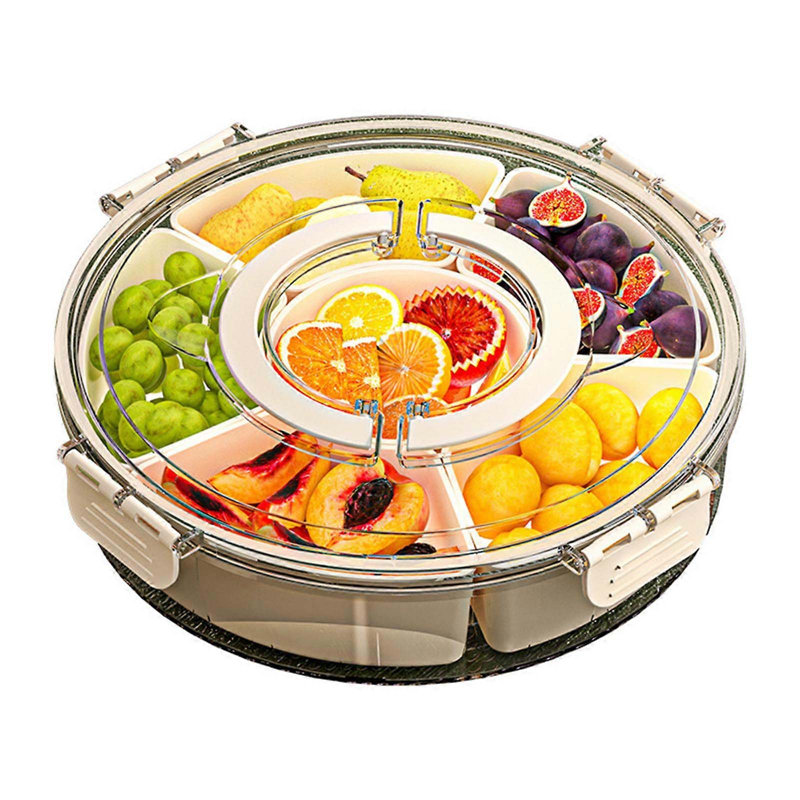 Plateau à fruits rotatif à 6 compartiments avec couvercle, plateau de service en plastique transparent pour les collations et les fruits