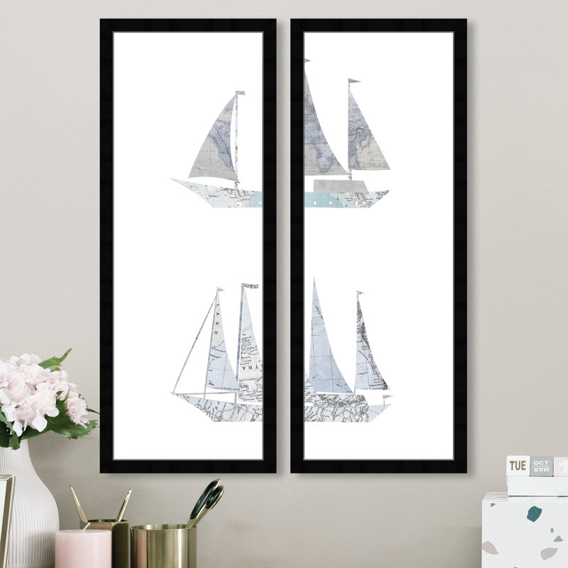 «Nautical and Coastal Sail Boat», impression d'art moderne sur papier blanc, Cadre noir
