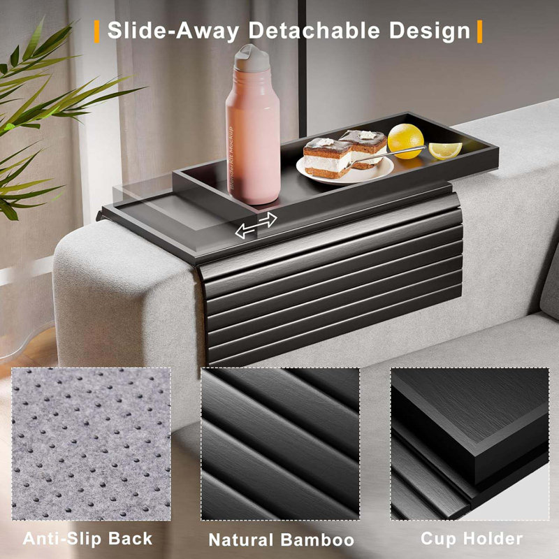 Bamboo Sofa Armrest Tray Table For Couch - 2-In-1 Couch Arm Table With Be Slide Detachable Tray - Anti-Slip Foldable Sofa Armchair Caddy For Drinks Cup Cellphone TV Remote Snacks (Bamboo)