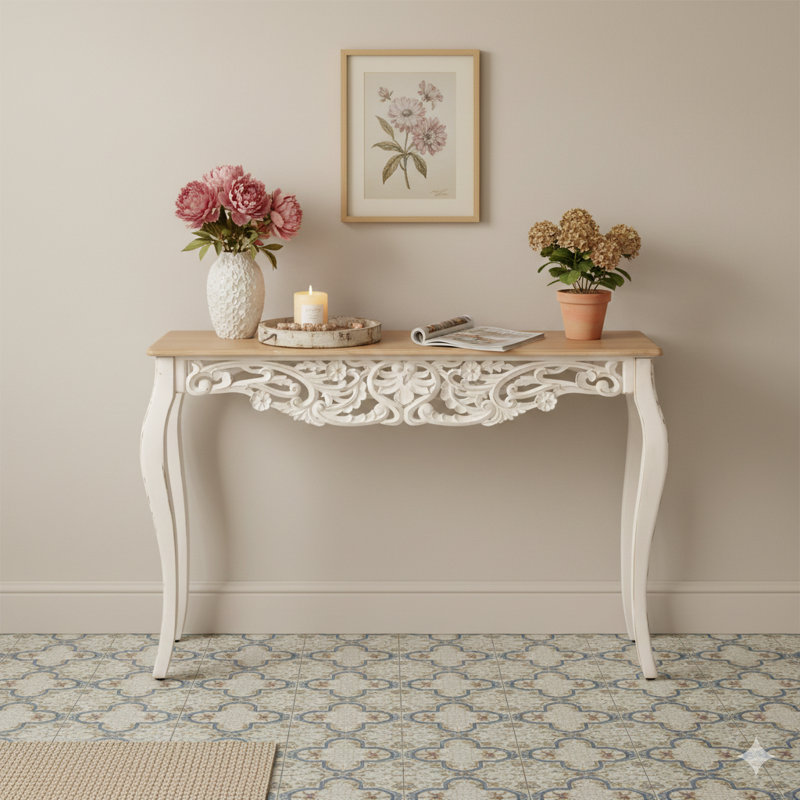 Table d'entrée 43,31 pouces de style provincial français sculpté - Finition blanc antique vieilli sur bois massif et panneau de fibres à densité moyenne, avec des pieds élégamment courbés pour le couloir ou le salon