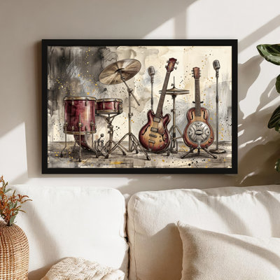 Art mural sur toile noir encadré pour le salon, la chambre à coucher, le bureau ou le vestibule - Décoration murale décorative avec instruments de musique
