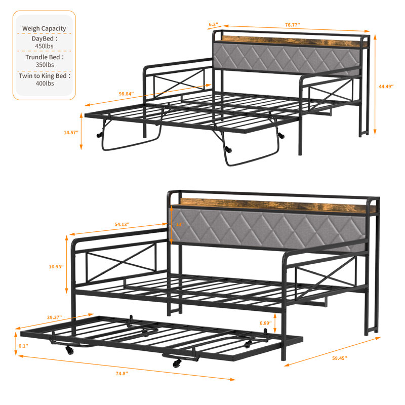 Black And Fabric Gray Full Daybed With Trundle Bed, Upholstered Day Bed With LED Light And Charing Station, Black/Gray, Full