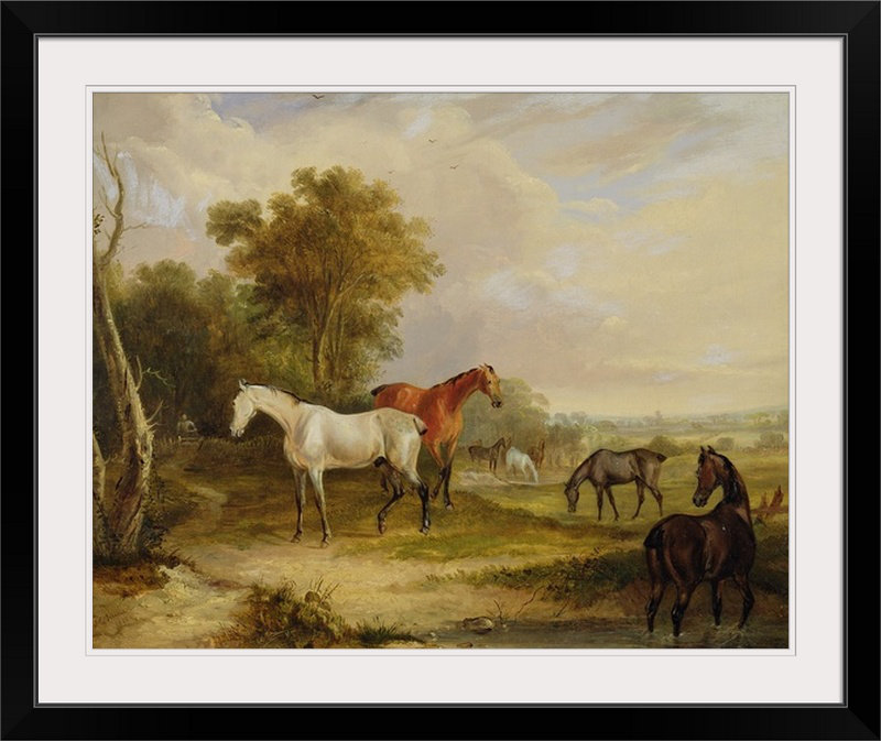 « chevaux-pâturages », impression, Cadre noir, H 32 po x l 38 po x P 1 po
