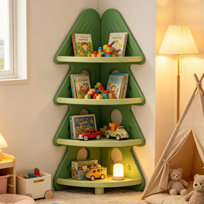 Kids Corner Bookshelf 4-Tier Christmas Tree Storage Rack, Toddler Bookcase with Guardrails & Anti-Tipping Kit, Space-Saving Display Shelf for Playroom, Bedroom, Nursery & Classroom