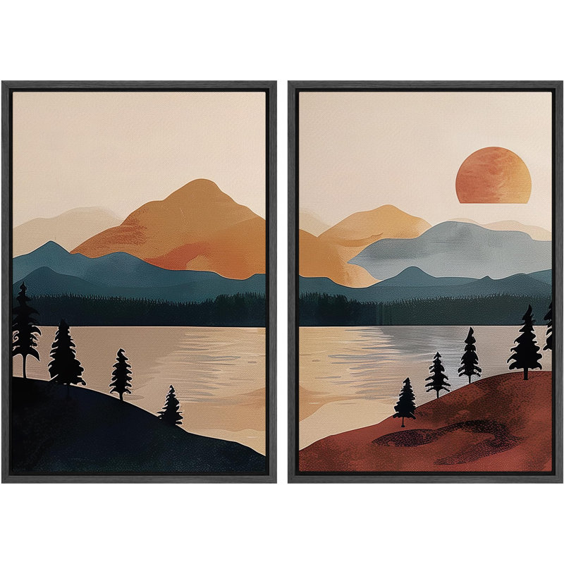 «Mid-Century Modern Brown Mountain Lake Landscape Decor», art mural, impression sur toile, 2 pièces, Cadre blanc