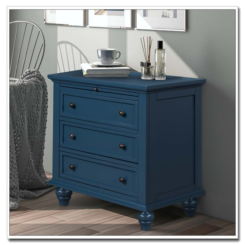 Armoire de rangement en bois à 3 tiroirs, table de bout avec plateau coulissant, Blue