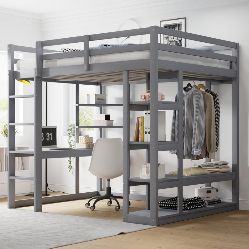 Harriet Bee - Solid Wood Kids Loft Bed With Ladder, Desk, Shelves & Clothes Rail, Grey