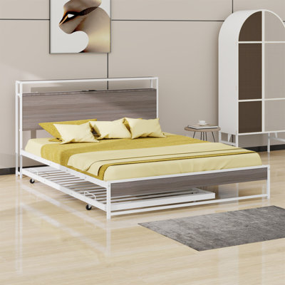 Metal Platform Bed Frame With Trundle, USB Ports And Slat Support