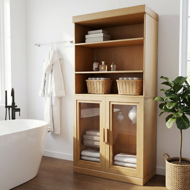 Jax 62''H Bathroom Storage Cabinet With Adjustable Shelf, Oak
