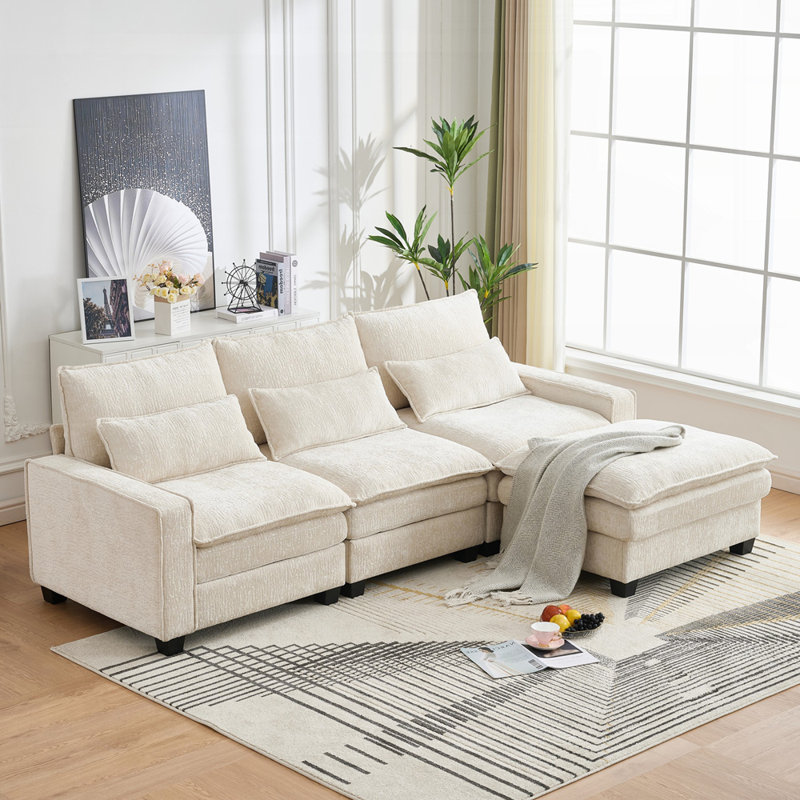 Sectional Cloud Deep Seat Couch Chenille L Shaped Sectional Sofa for Living Room 4-Seats with Movable Ottoman, Beige