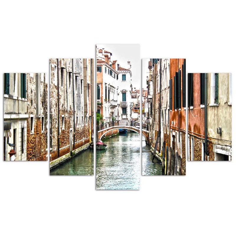 Venice Canal, Italy City - 5 Piece No Frame Print on Canvas, 100cm H x 200cm W