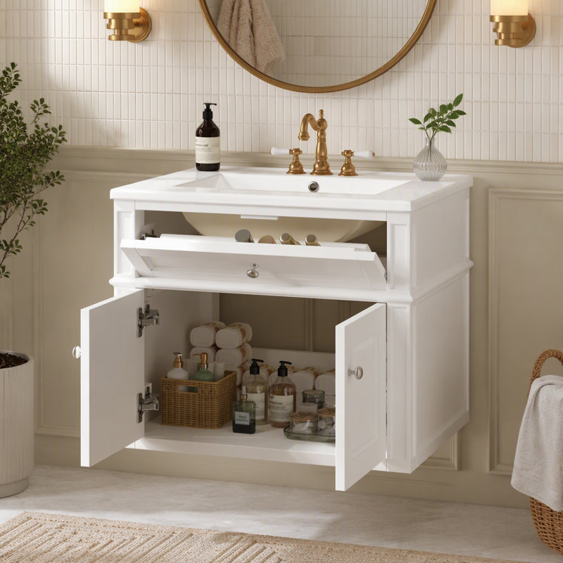 Meuble-lavabo mural de 61 cm avec tiroir basculant, Blanc, Argent