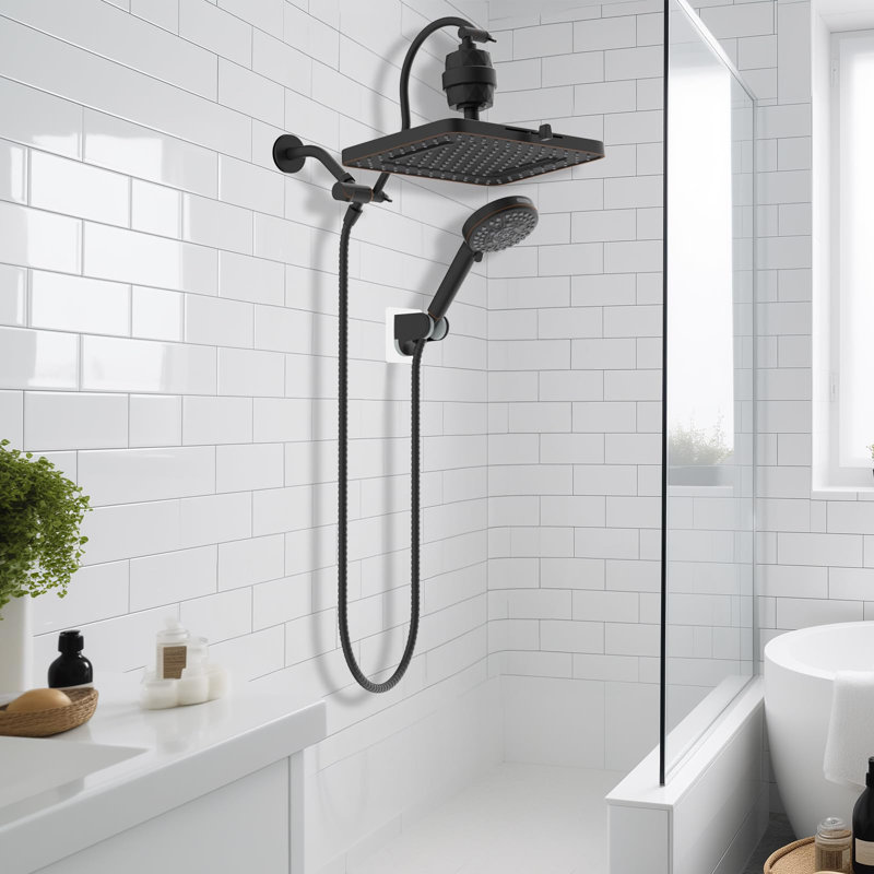 5-Spray 13'' Dual Filtered Rainfall Shower Head Combo, 12'' Adjustable Extension Arm, 20 Stage Shower Filter, 71'' Hose