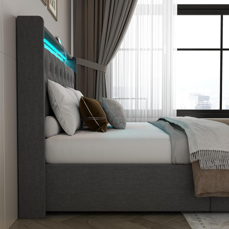 Dark Gray Queen Upholstered Hydraulic Storage Bed with LED Headboard