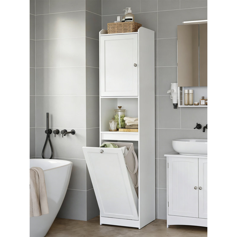 Cloud White Tall Storage Cabinet With Removable Laundry Basket & Compartment