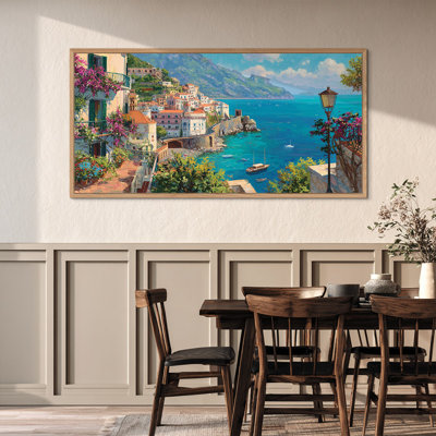  Extra Large Amalfi Coast Canvas Wall Art Framed, Lemon Mediterranean Painting Italy Wall Art, Serene Italian Landscape Picture Italy Canvas Painting for Living Room Bedroom Kitchen 58x28in