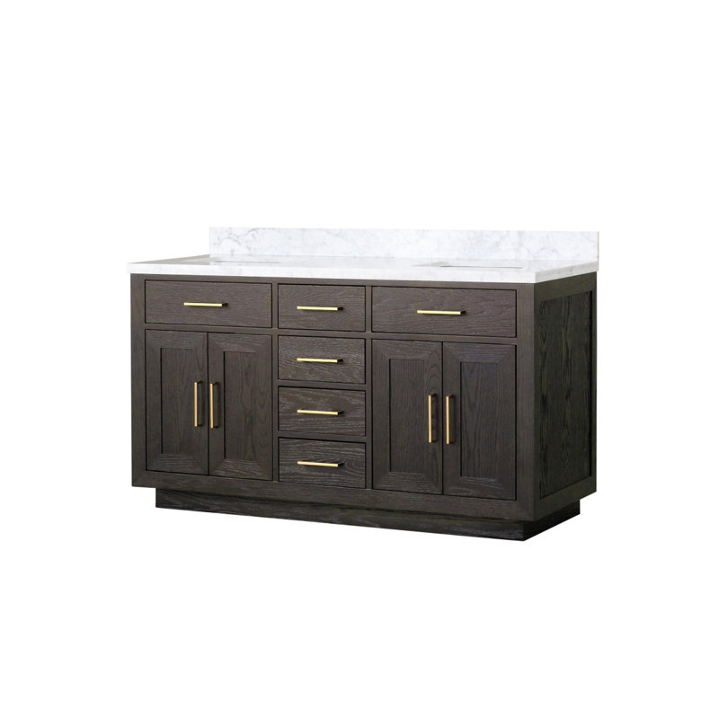Meuble-lavabo double en chêne brun 60 po X P 22 po D, avec plateau en marbre de Carrare, Chêne brun