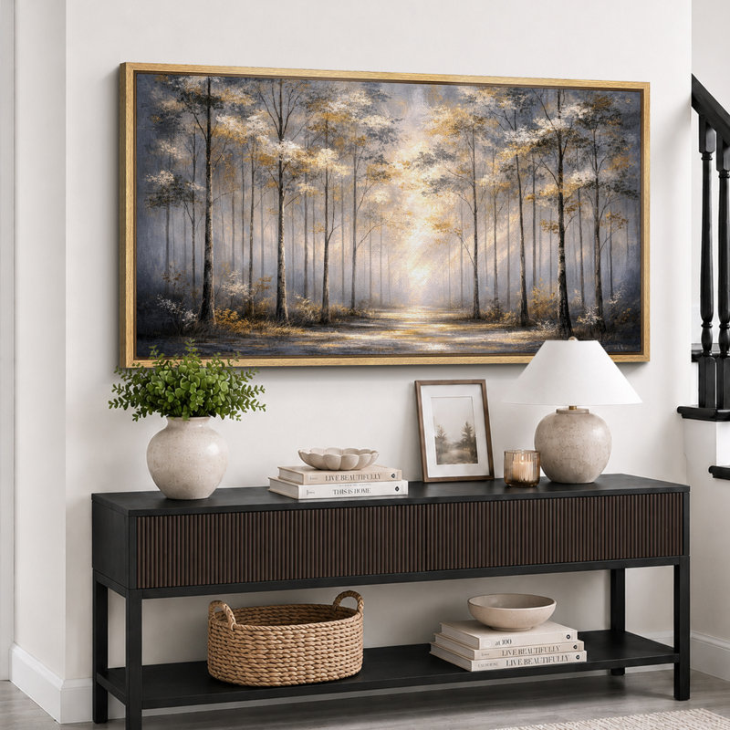 Impression sur toile encadrée, "Golden Light Forest Path Landscape", très grandes photos, H 30 po x l 60 po x P 1,5 po