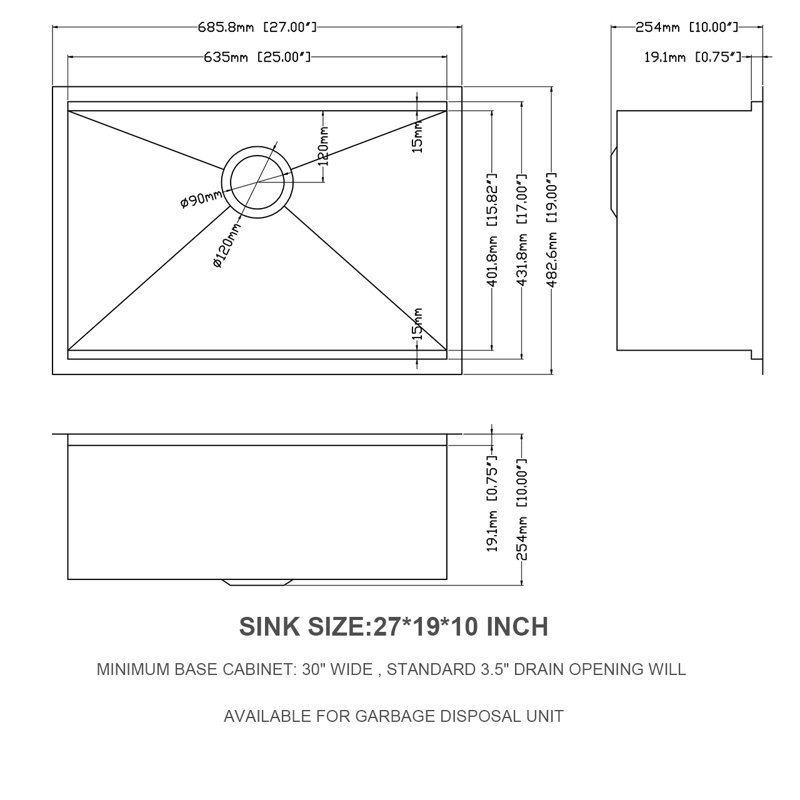27 " L Undermount Single Bowl Stainless Steel Kitchen Sink