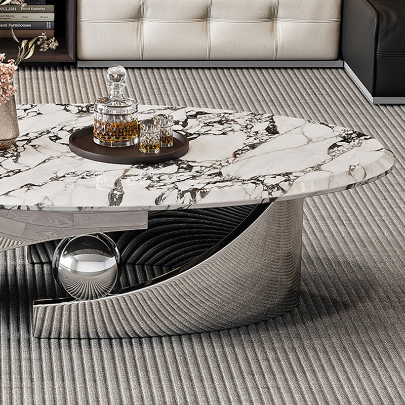 Table basse en marbre avec base en acier inoxydable, Noir / blanc, H 15,75 po x L 47,24 po x l 23,62 po