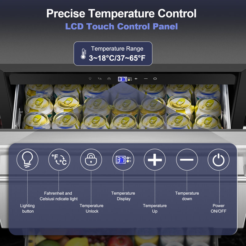 24" Beverage Refrigerator Double Drawer 180 Cans Built-In Stainless Steel Beer Cooler Fridge with Silent Slide 2 Compartment Organizer