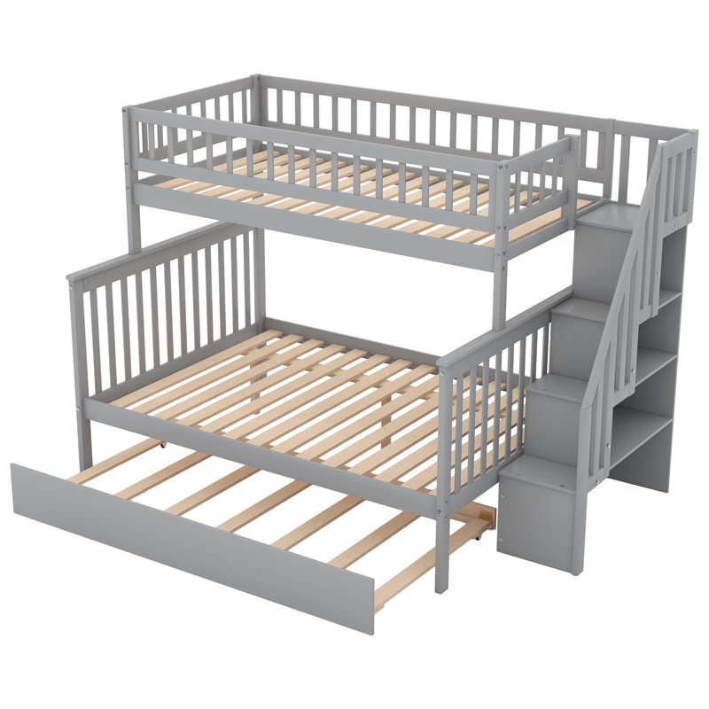 Bunk Bed with Trundle and Staircase,Twin over Full,65.30"H*57.80"W*90.80"L, Gray