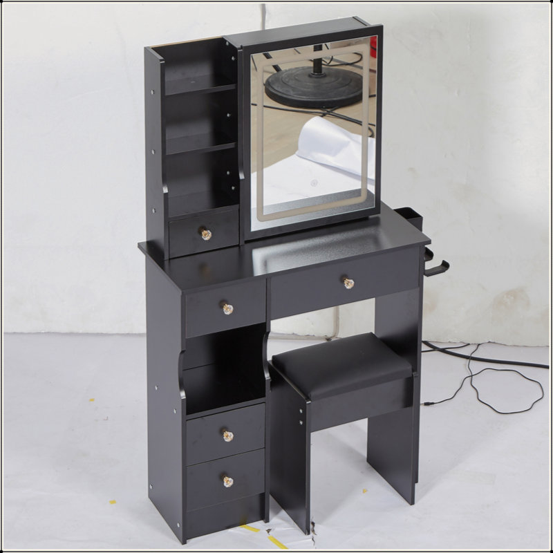Petit meuble-lavabo de bureau à gauche avec petit tabouret + tabouret rembourré, 2 blocs d'alimentation AC + 2 USB, support pour sèche-cheveux, très grand miroir à DEL coulissant à contrôle tactile, interrupteur tricolore, EPA, GCC, certificat UL