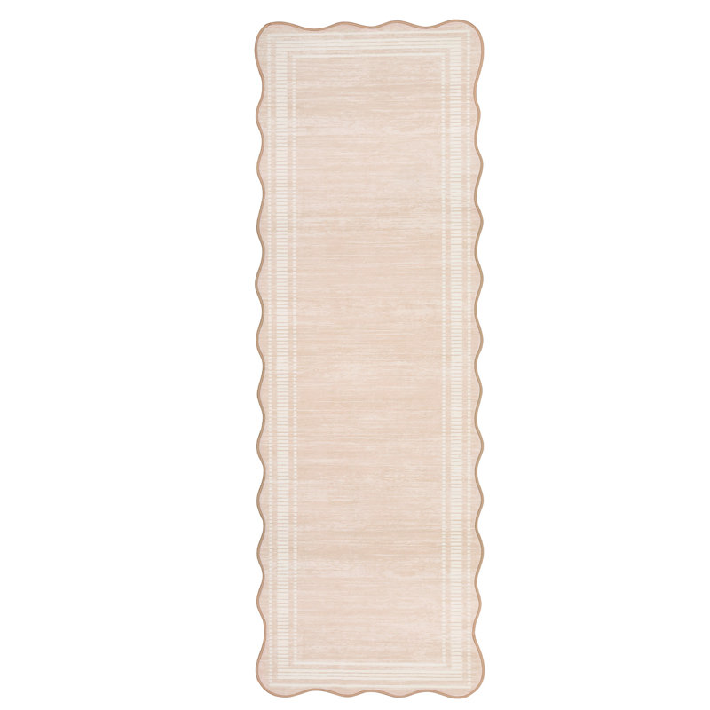 Scalloped 2x6 Area Rug Washable, Modern Pearl Velvet Living Room Carpet with Non-Slip Backing & Low Pile, Runner 2' x 6'