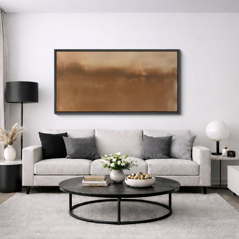 Impression d'art sur toile encadrée, "Warm Brown Minimalist Horizon Landscape", H 30 po x l 60 po, Noir
