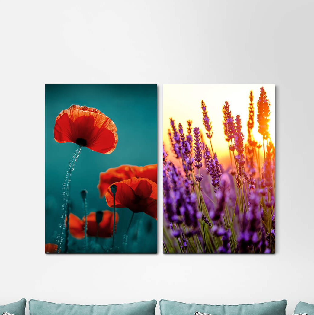 2-tlg. Leinwandbilder-Set - Fotografie „Poppy Flower Lavender Field Summer Heat Sunset Nature”