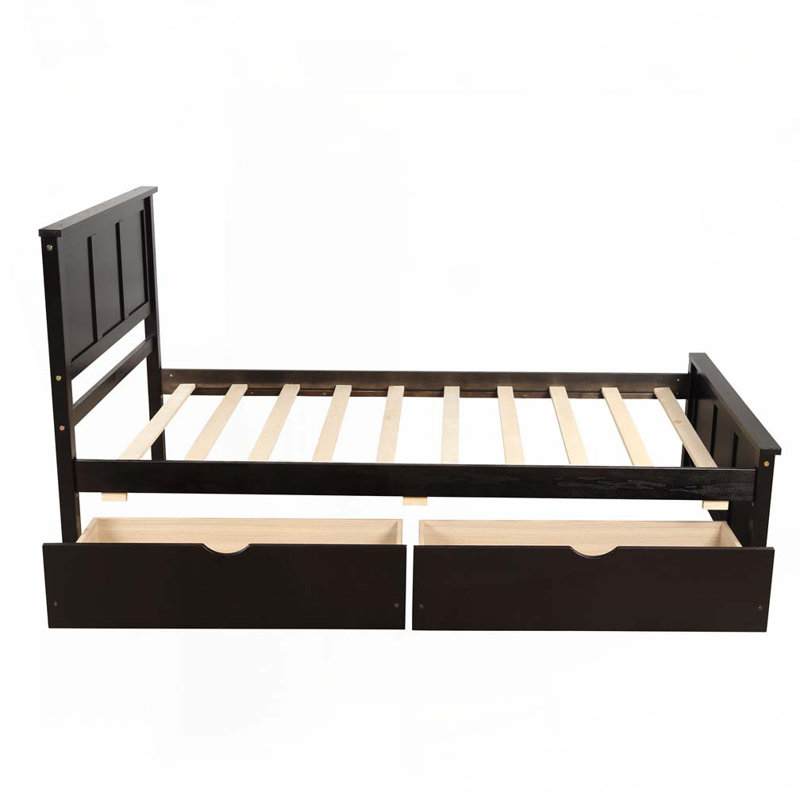 Lit en bois avec rangement, 2 tiroirs avec roulettes, Espresso