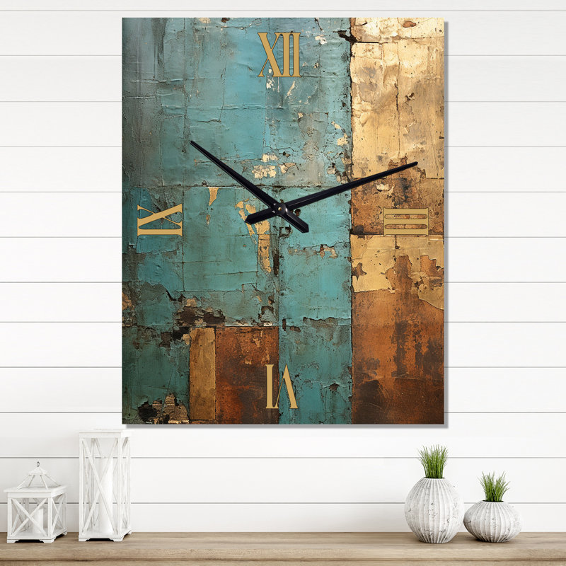 Horloge murale rétro Kintsugi Glam Vintage Gold On Turquoise III, H 32 po x l 16 po x P 1 po