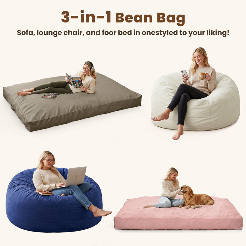  Velvet Memory Foam Bean Bag Chair Lounger for Adults and Kids, Oversized Comfy Floor Sofa Seating, Ergonomic Upholstered Accent Furniture for Living Room and Bedroom, Blue