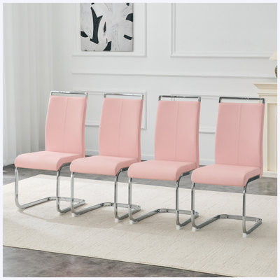 Ensemble de 4 chaises de salle à manger modernes en polyuréthane rose minimaliste avec pieds en métal argentés courbés, chaises d'appoint à dossier contemporain pour la salle à manger et la cuisine