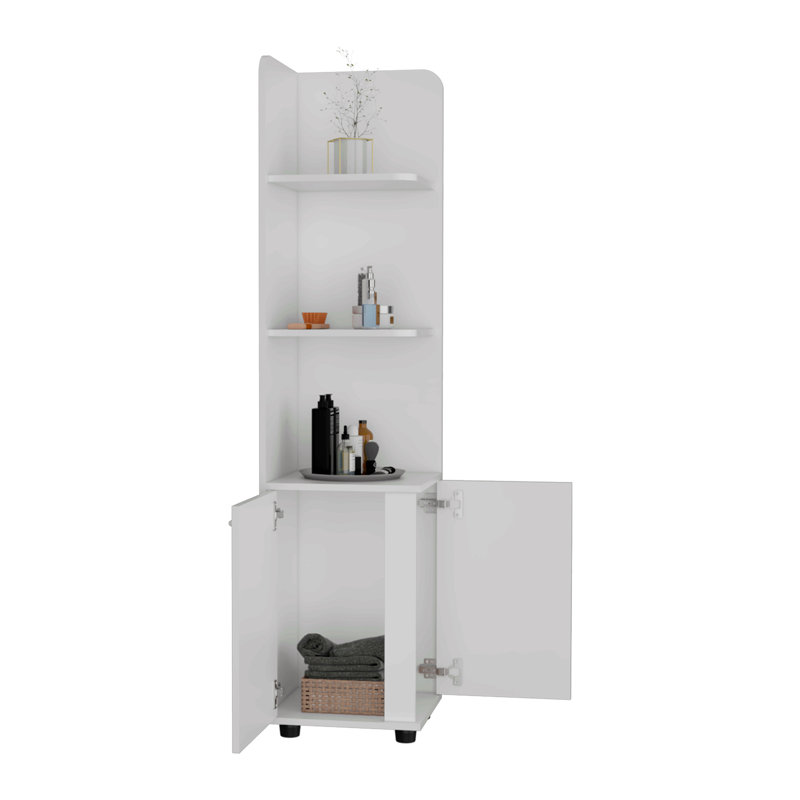 Freestanding Linen Cabinet, 2-Doors, Open Shelves -White, White