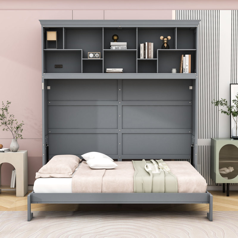 Queen Wooden Murphy Bed with Shelves and USB Ports, Gray