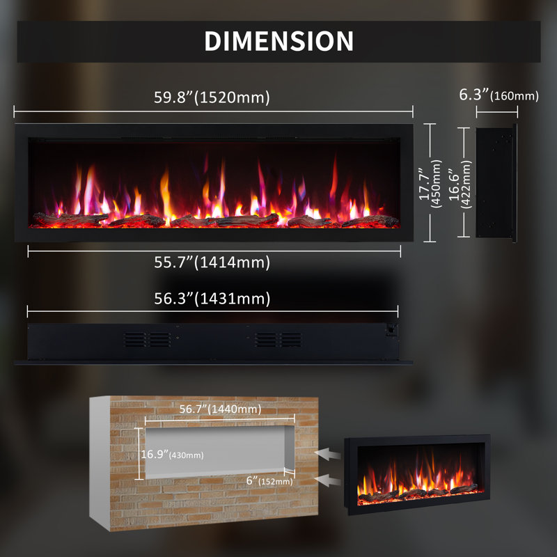 60 Inch Smart Linear Electric Fireplace - Clean Hidden Vent Design, Flame With 9 Colors, Recessed In-wall Or Wall-mount Or Free Standing, Compatible With Alexa And Google Assistant