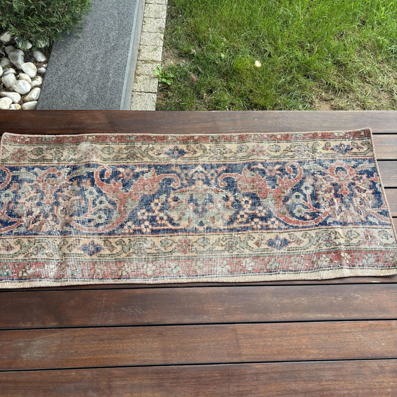 Handmade Turkish Oushak Rug in Blue with Geometric Patterns Ideal for Entry Spaces