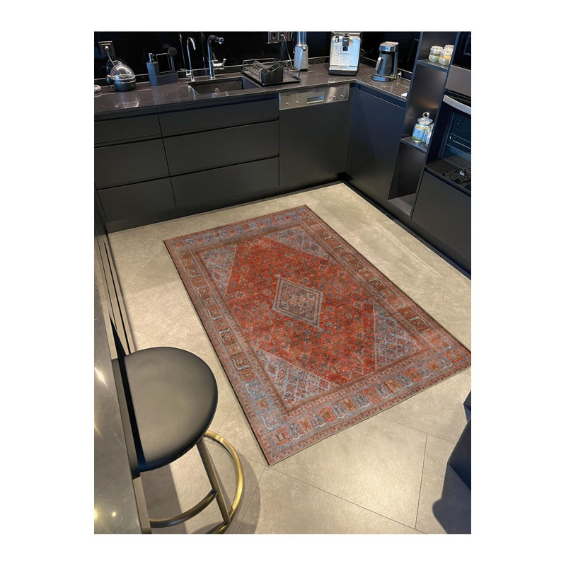 Tapis décoratif orange lavable à thème traditionnel, Sous-tapis carré 3 pi 3 po inclus