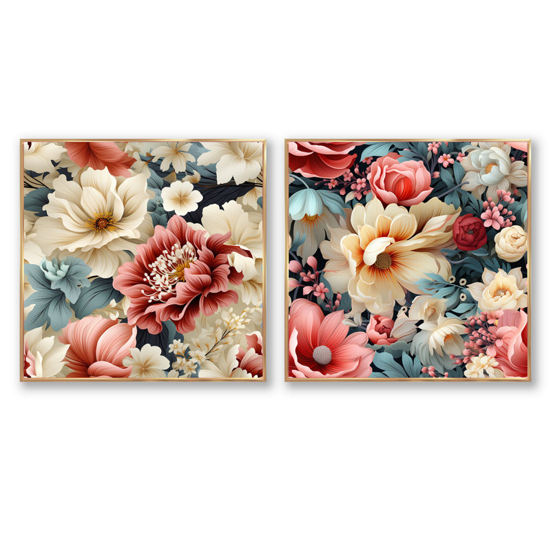 Faustine - Ensemble de 2 collages carrés floraux, H 16 po x l 33 po, Cadre flottant doré