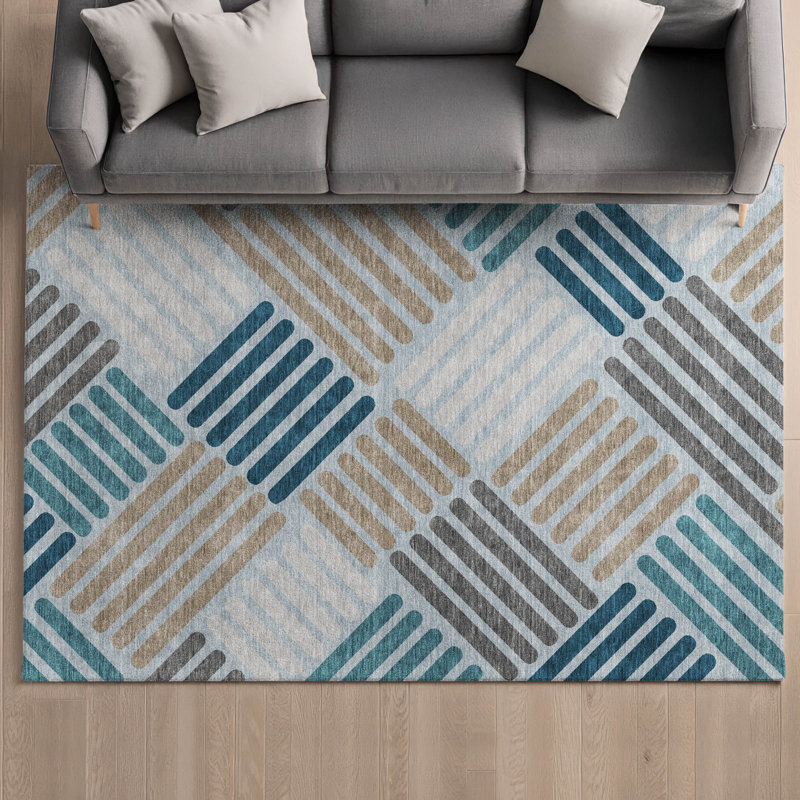 Premium Machine Washable Mayfield AMF2339 Geometric Rug, Teal, 9' x 12'